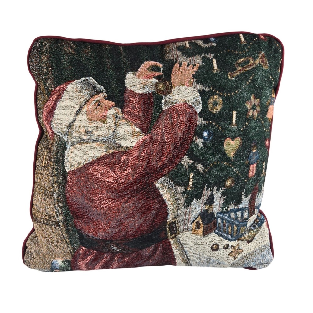 Vintage Christmas Santa Decorating Tree Tapestry Throw Pillow 15x15 approx.